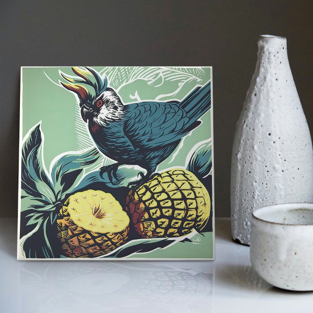 Cockatoo's Pineapple Pursuit: Mid-Century Inspired Ceramic Tile (Creator Uploaded)
