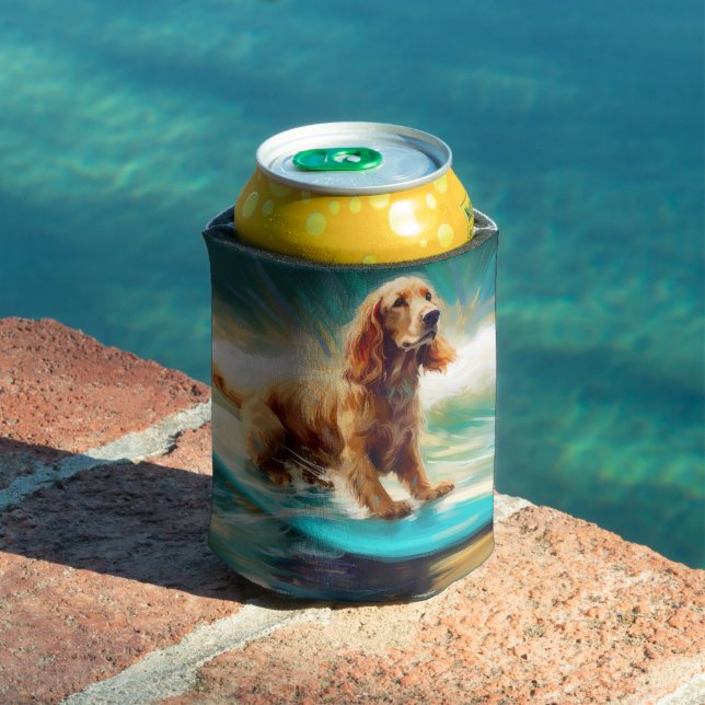 Cocker Spaniel Beach Surfing Painting Can Cooler (In Situ Pool)