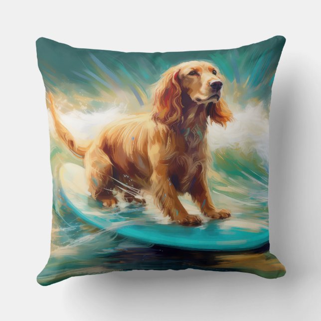 Cocker Spaniel Beach Surfing Painting Cushion (Back)
