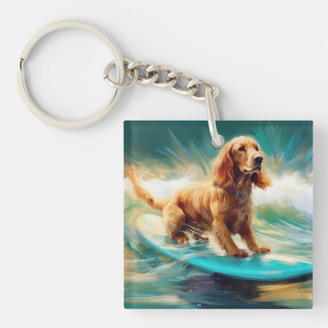 Cocker Spaniel Beach Surfing Painting Key Ring (Front)