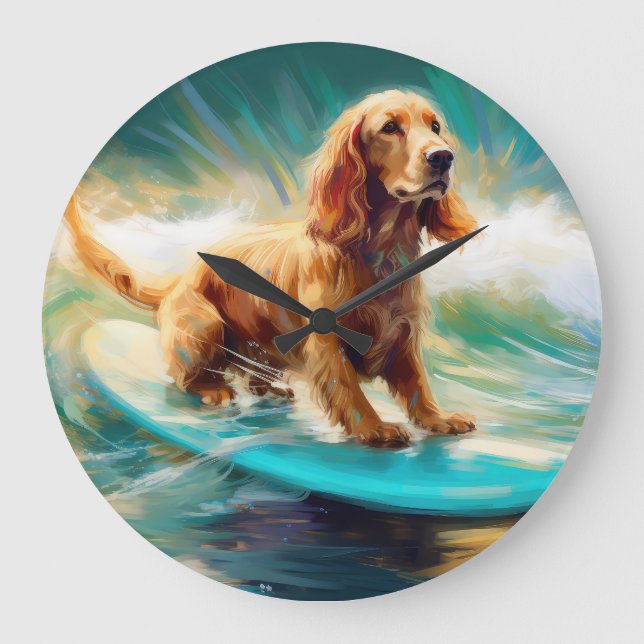 Cocker Spaniel Beach Surfing Painting Large Clock (Front)