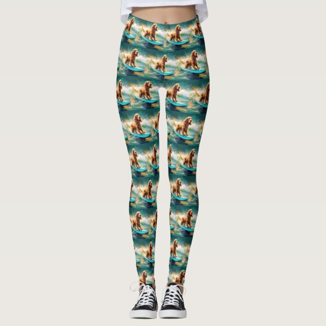 Cocker Spaniel Beach Surfing Painting Leggings (Front)