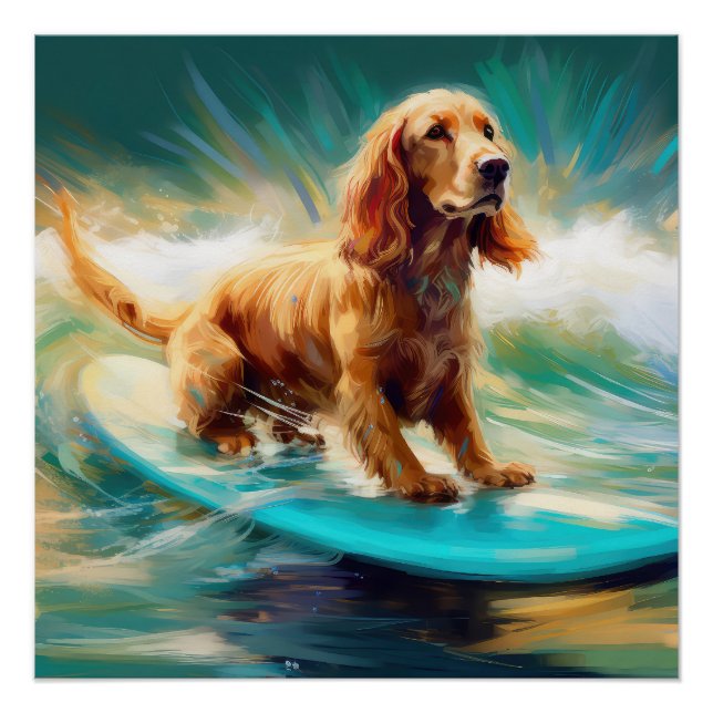 Cocker Spaniel Beach Surfing Painting Poster (Front)