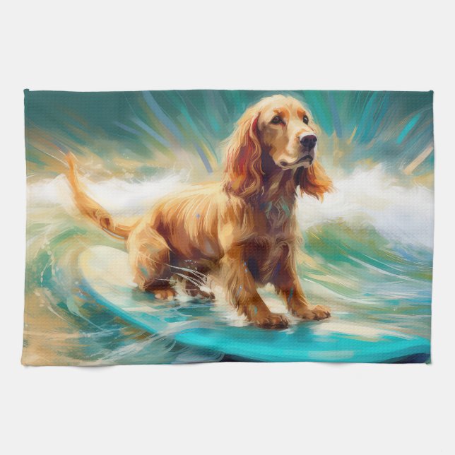 Cocker Spaniel Beach Surfing Painting Tea Towel (Horizontal)