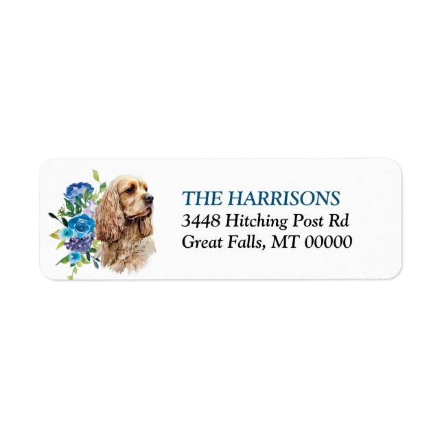 Cocker Spaniel Blue Floral Return Address Label (Front)