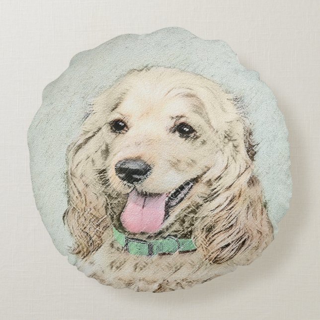 Cocker Spaniel Buff Painting - Original Dog Art Round Cushion (Back)