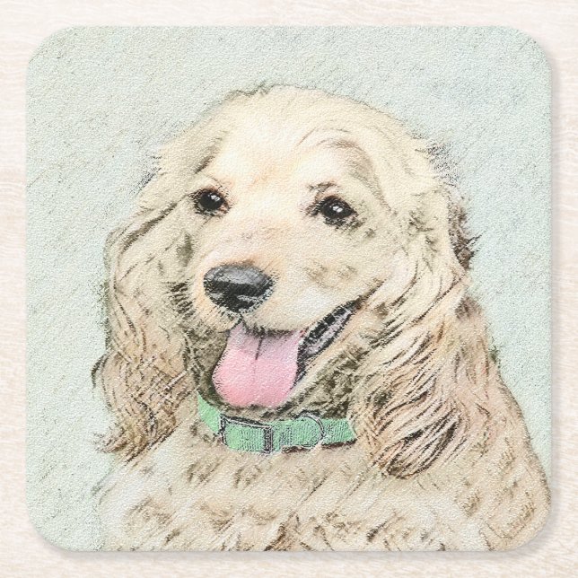 Cocker Spaniel Buff Painting - Original Dog Art Square Paper Coaster (Front)