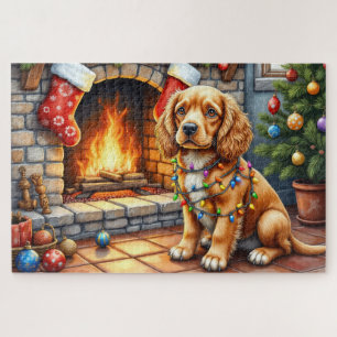 Cocker Spaniel by Fireplace with Christmas Lights Jigsaw Puzzle