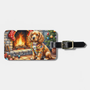 Cocker Spaniel by Fireplace with Christmas Lights Luggage Tag