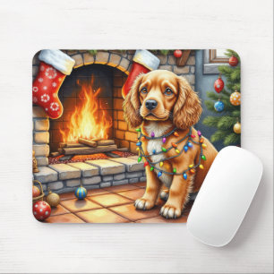 Cocker Spaniel by Fireplace with Christmas Lights Mouse Pad