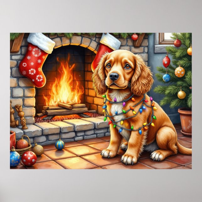 Cocker Spaniel by Fireplace with Christmas Lights Poster (Front)