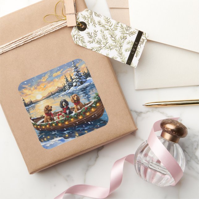 Cocker Spaniel Christmas Boat Holiday Square Sticker (Gifting)