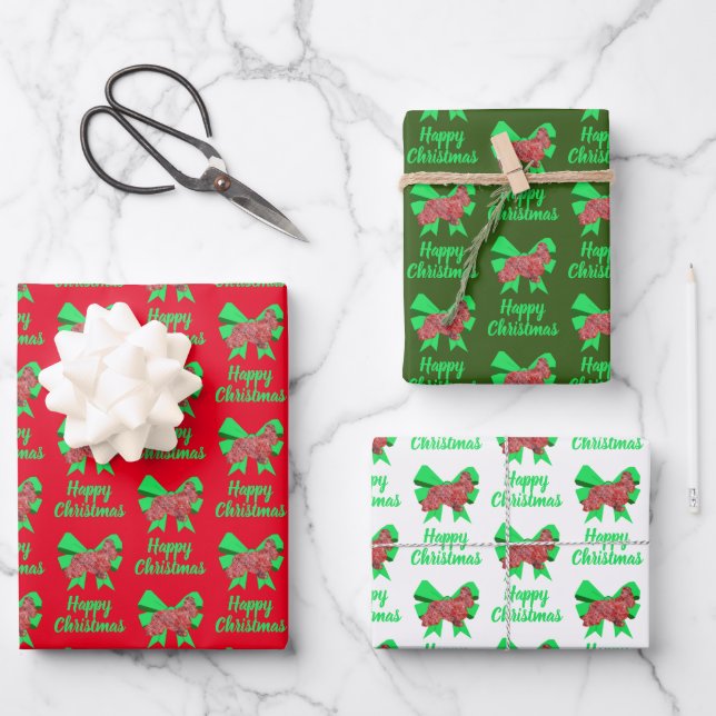 Cocker Spaniel Christmas Dog & Green Bow 3 Colors Wrapping Paper Sheet (Front)