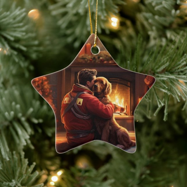 Cocker Spaniel Christmas Ornament, Fireman Pet  Ceramic Ornament (Tree)