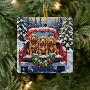 Cocker Spaniel Christmas Red Truck Holiday Ceramic Ornament