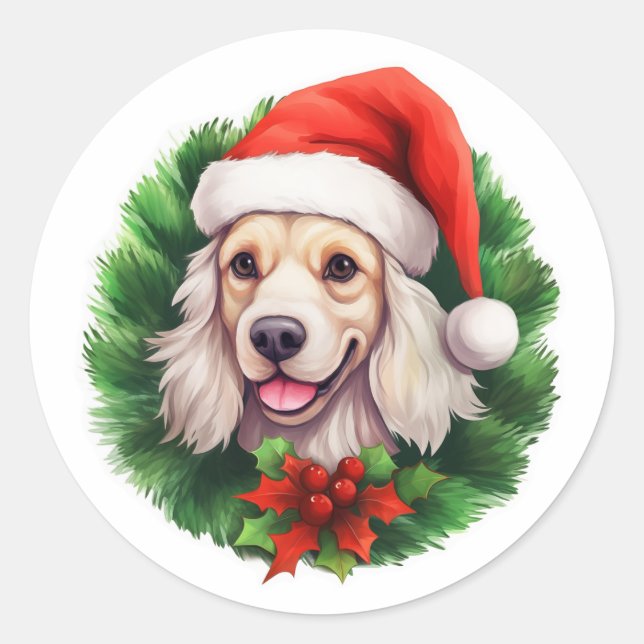 Cocker Spaniel Christmas Wreath Classic Round Sticker (Front)