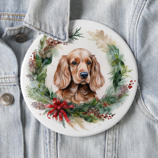 Cocker Spaniel Christmas Wreath Festive Pup  6 Cm Round Badge (In Situ)
