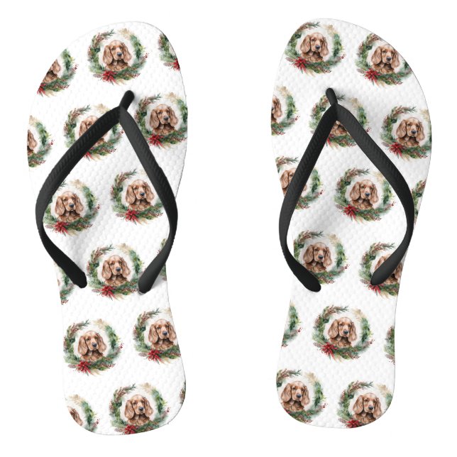 Cocker Spaniel Christmas Wreath Festive Pup  Thongs (Footbed)