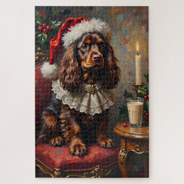 Cocker Spaniel Classical Christmas Portrait Hat Jigsaw Puzzle (Vertical)