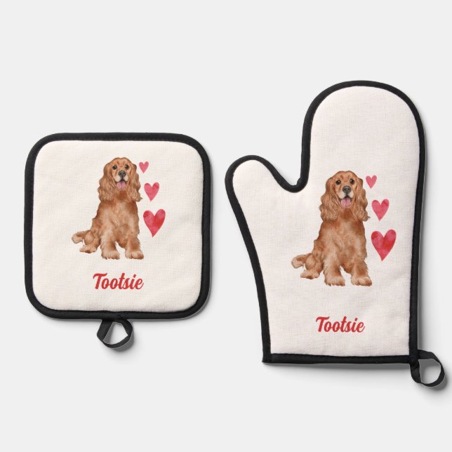 Cocker Spaniel Customisable Pet Name Oven Mitt & Pot Holder Set (Front)