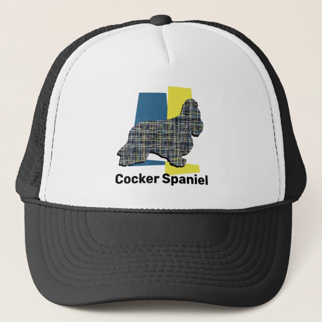 Cocker Spaniel Cute Dog Silhouette Tricolour Grid Trucker Hat (Front)
