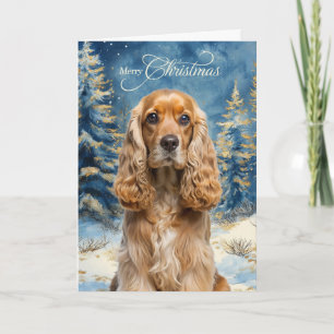 Cocker Spaniel Dog and Blue Winter Pine Forest Holiday Card
