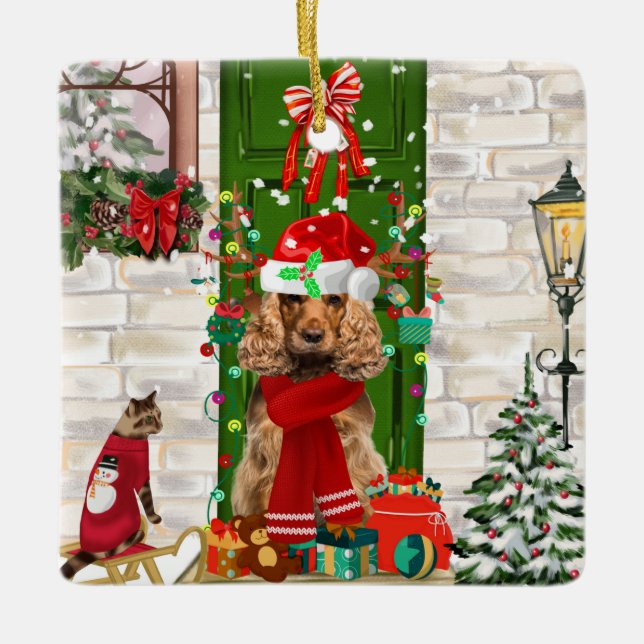 Cocker Spaniel Dog Christmas Ceramic Ornament (Front)