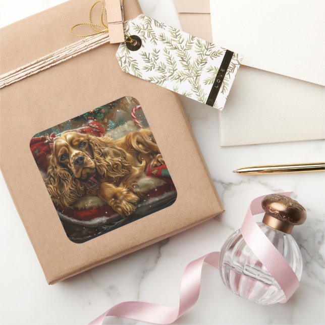 Cocker Spaniel Dog Christmas Festive Square Sticker (Gifting)