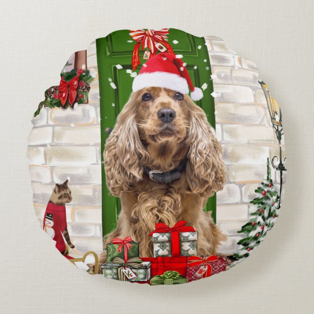 Cocker Spaniel Dog Christmas   Round Cushion (Front)