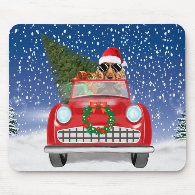 Cocker Spaniel Dog Driving Car In Snow Christmas  Mouse Pad (Front)
