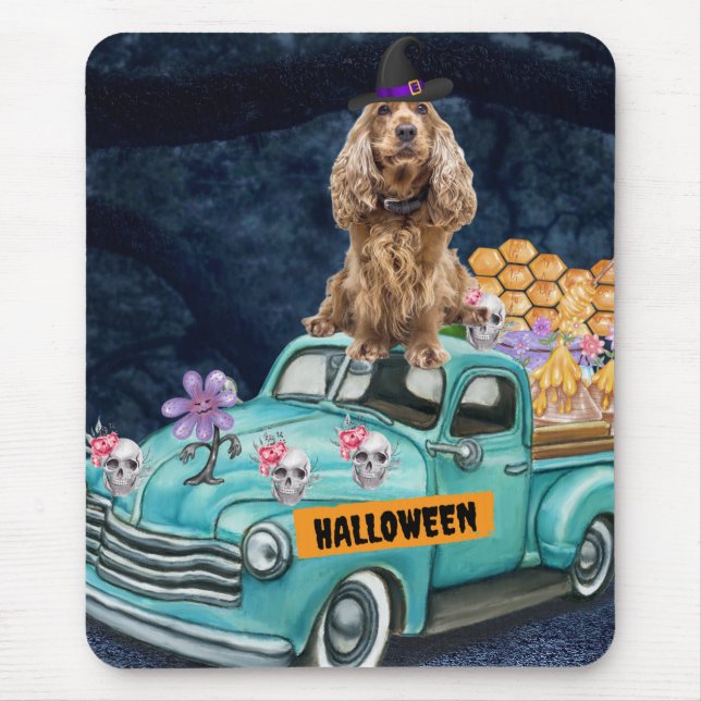Cocker Spaniel Dog Halloween Truck Scary Night Mouse Pad (Front)