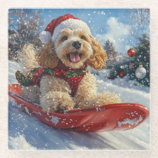 Cocker Spaniel Dog in Sledge Let it Snow Christmas Glass Coaster (Front)