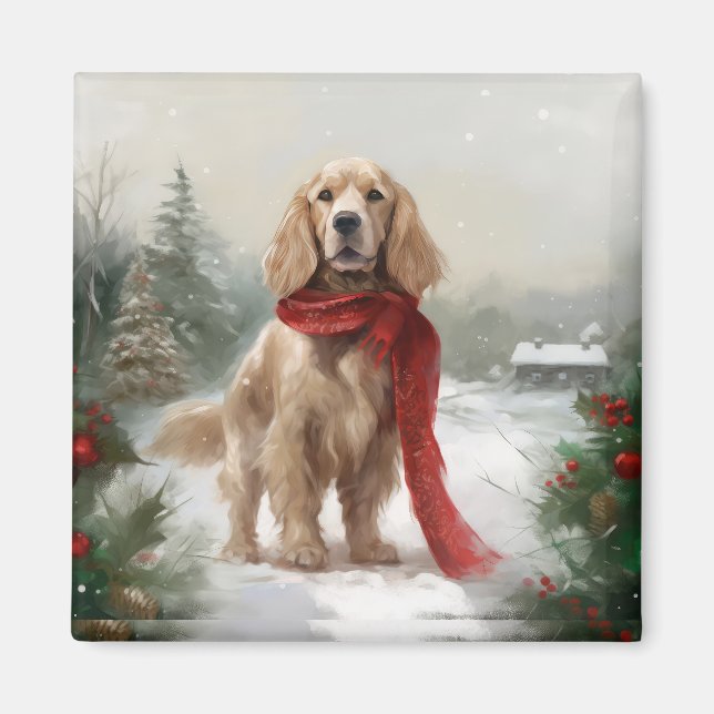 Cocker Spaniel Dog in Snow Christmas Magnet (Front)