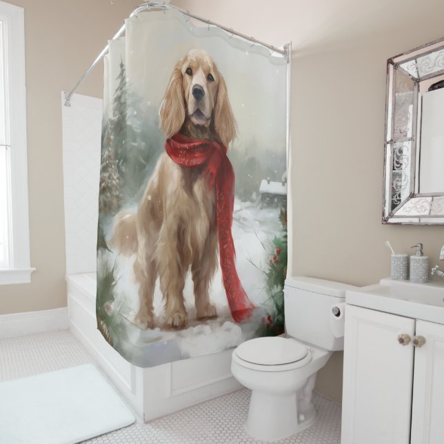 Cocker Spaniel Dog in Snow Christmas Shower Curtain (In Situ)