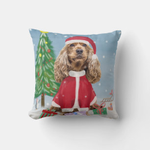 Cocker Spaniel Dog in Snow with Christmas Gifts Cushion