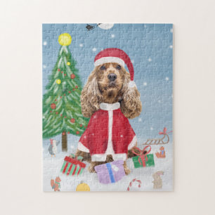 Cocker Spaniel Dog in Snow with Christmas Gifts Jigsaw Puzzle