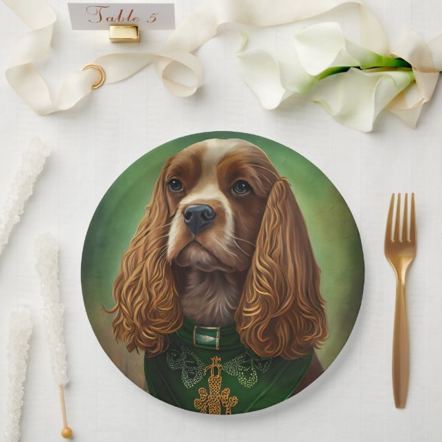 Cocker Spaniel Dog in St. Patrick's Day Dress Paper Plate (Wedding)