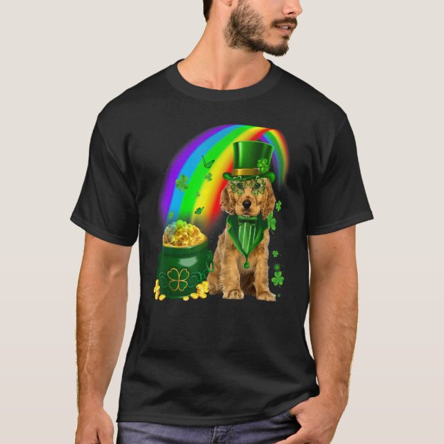 Cocker Spaniel Dog Leprechauns Coins Shamrock Patr T-Shirt (Front)