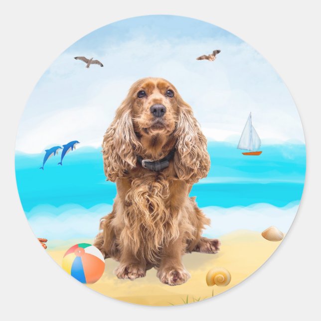 Cocker Spaniel Dog on Beach Classic Round Sticker (Front)