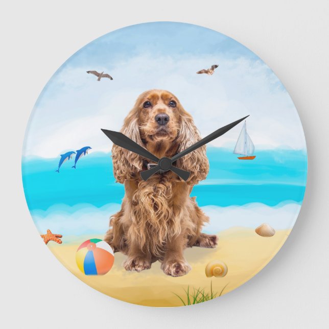 Cocker Spaniel Dog on Beach Large Clock (Front)