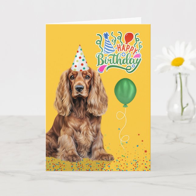 Cocker Spaniel Dog Party Hat Yellow Birthday Card (Small Plant)