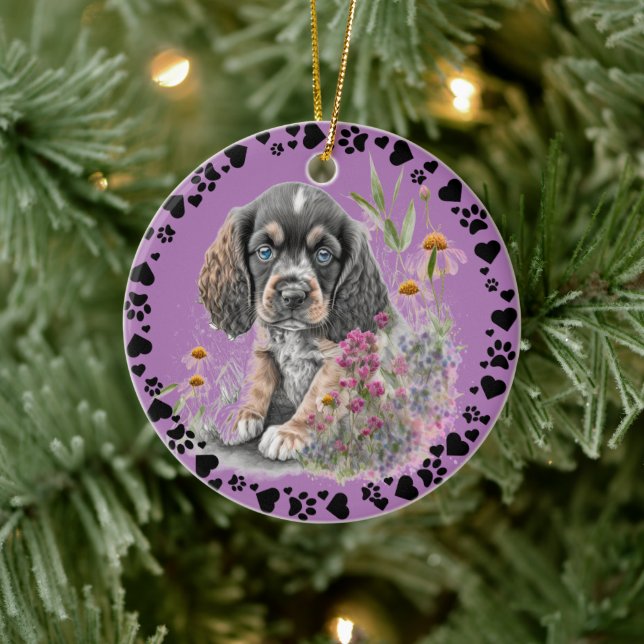 Cocker Spaniel Dog Paw Hearts Pet Photo Lavender Ceramic Ornament (Tree)