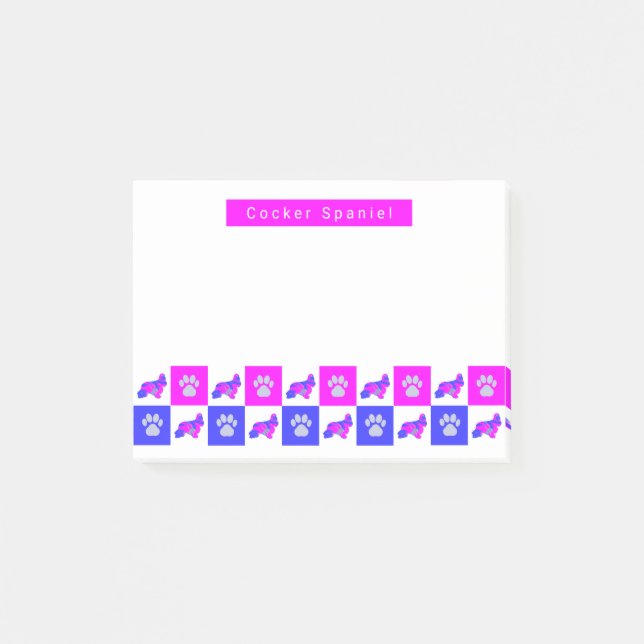 Cocker Spaniel Dog & Paw Hot Pink & Blue Post-it Notes (Front)