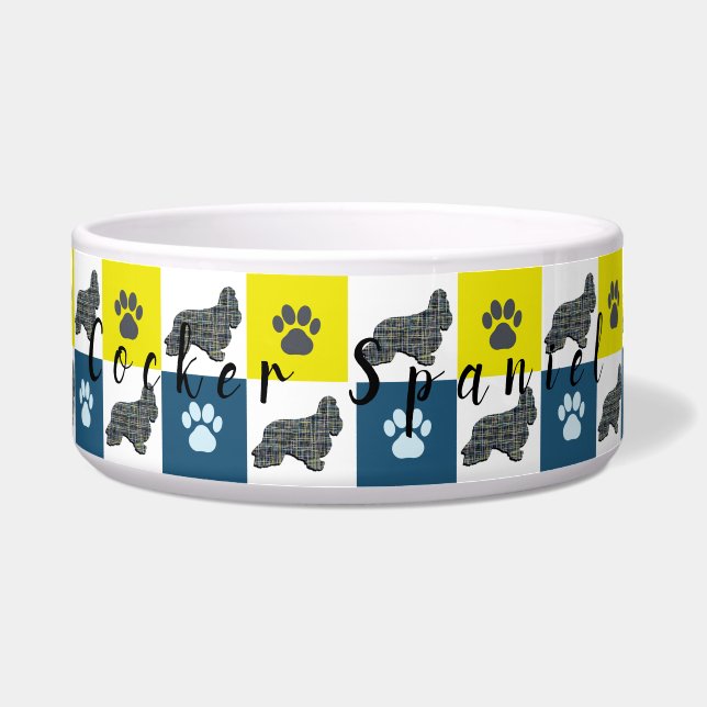 Cocker Spaniel Dog & Paw Yellow & Blue Grid Bowl (Front)