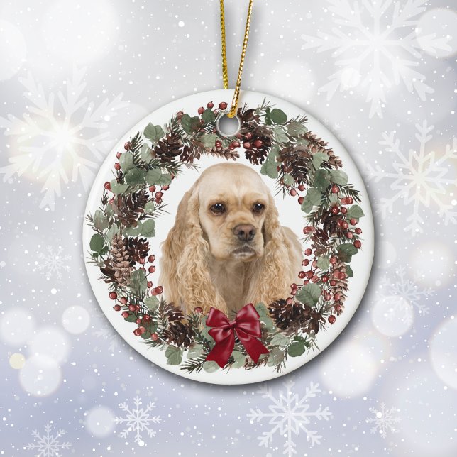 Cocker Spaniel Dog Pinecone Wreath Personalised  Ceramic Ornament (Creator Uploaded)