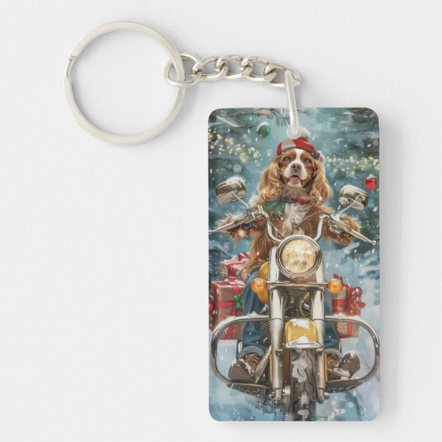 Cocker Spaniel Dog Riding Motorcycle Christmas  Key Ring (Front)