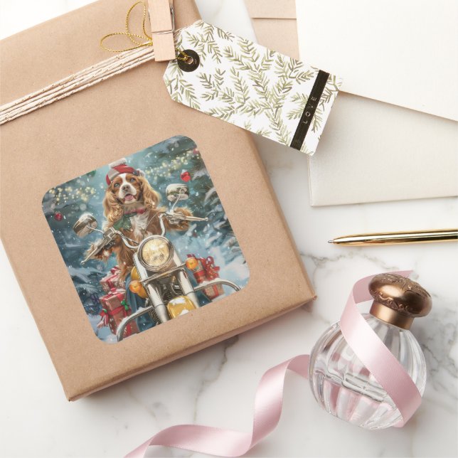 Cocker Spaniel Dog Riding Motorcycle Christmas  Square Sticker (Gifting)