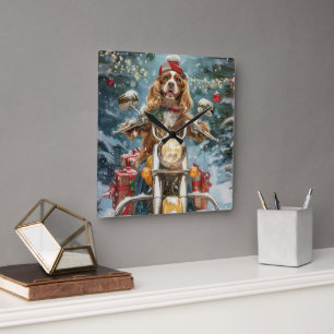 Cocker Spaniel Dog Riding Motorcycle Christmas Square Wall Clock