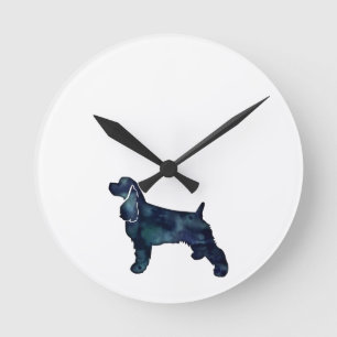 Cocker Spaniel Dog Silhouette Black Watercolor Round Clock