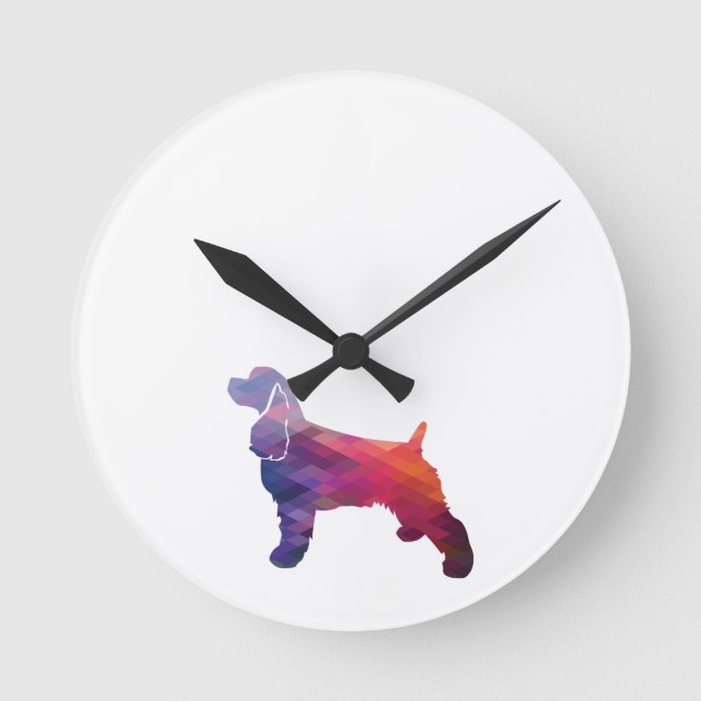 Cocker Spaniel Dog Silhouette Geometric Pattern Pu Round Clock (Front)